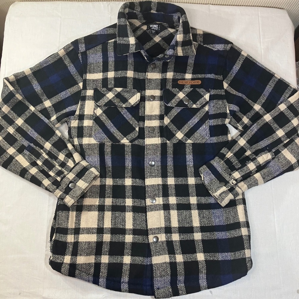Home Free Mens Small Plaid Snap Front Flannel Shirt Blue Black New York Patch S